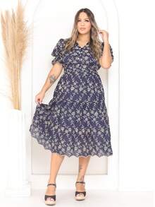 Women's Midi Dress With Embroidered Laise All-Over Print Embroidery Button Ruffles Gathered Formal And Evening - Two-tone Navy Blue - View 1