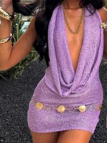 Women Sequin Halter Mini Dress Cowl Neck Backless Knit Dress Sleeveless Bodycon Glitter Short Dresses - 紫色 - 查看 1