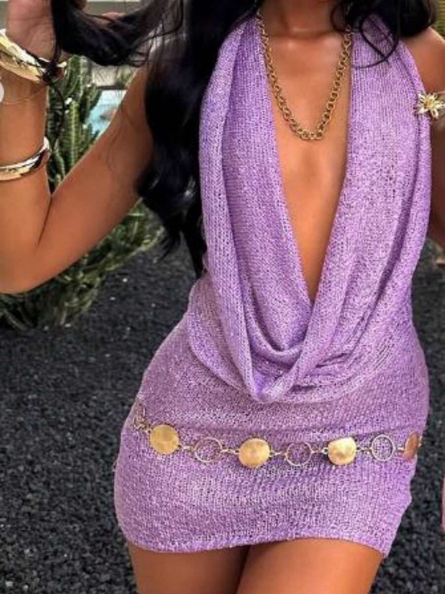 Women Sequin Halter Mini Dress Cowl Neck Backless Knit Dress Sleeveless Bodycon Glitter Short Dresses - 紫色 - 查看 1