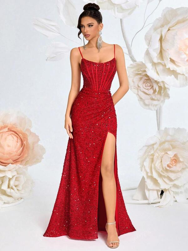 ADYCE Women's Elegant Prom Dress Spaghetti Strap Sequin Fishbone High Waist Ruffle Backless Tie-Up Long Gown Dress For Ball, Homecoming, Graduation Evening Dress, Cocktail Party Dress