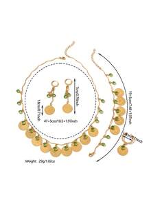 1 Set Elegant Luxurious Gold-Plated Copper Alloy Green Rhinestone Embedded Coin Tassel Necklace, Bracelet, Earrings & Ring Jewelry Set, Suitable For Women's Daily Wear And Holiday Gift - Yellow Gold - View 3