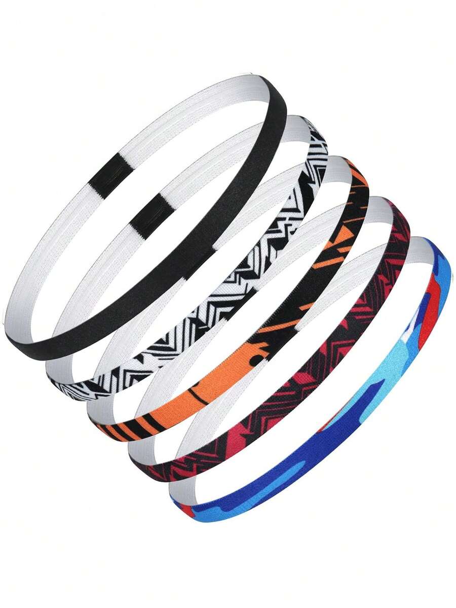 男女通用运动头带，5条装，细款发带，弹性头带，男士运动防滑头带，适用于足球、瑜伽、跑步等运动，男士配饰