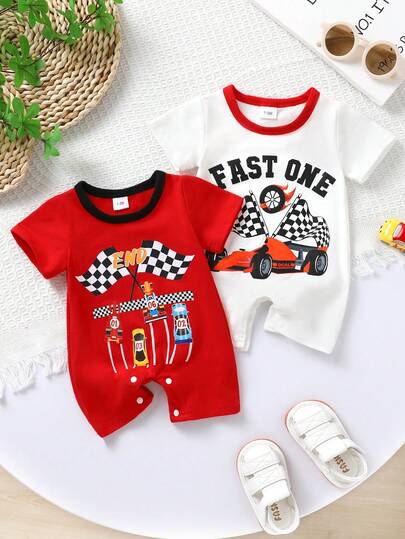 2 件套休闲可爱男婴连体衣套装，柔软透气舒适，卡通赛车和字母印花图案圆领短袖连体衣