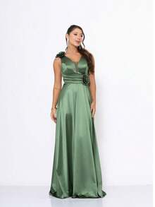 Long Satin Bridesmaid Dress With Flower Detail - Olive Green - View 5