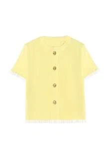 Blusa de punto de verano para mujer con diseño de botones en las orejas y el borde, en color amarillo crema. Blusa de punto elegante y casual de manga corta, adecuada para citas y uso diario.