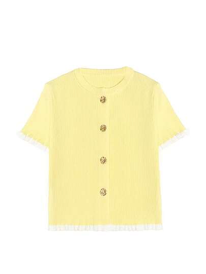 Damen Sommer Button Ohr Design beige Strick Top, eleganter lässiger kurzärmeliger Strickpullover, geeignet für Dates und den täglichen Gebrauch