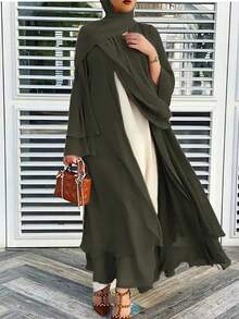 1 套女士双层裙子褶皱雪纺穆斯林开衫长袍配雪纺围巾阿拉伯长袍休闲伊斯兰罩衫适合日常和节日场合 - 軍綠色 - 查看 10