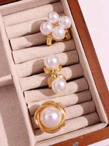 Conjunto de 3 anéis elegantes, vintage, brilhantes, exclusivos, de luxo, com pérolas douradas, versáteis para o dia a dia, festas, deslocamentos, feriados, joias finas para mulheres