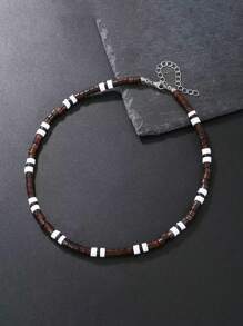 1pc Men's Vintage Versatile Black & White Ceramic Geometric Beaded Pendant Necklace, Suitable For Beach/Resort Wear