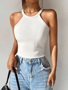 1 buc. Potrivit pentru vară, maiouri minimaliste fără mâneci, culoare simplă, fără mâneci, elasticitate medie, pentru antrenament