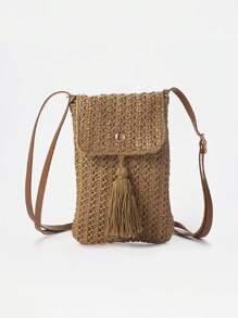 Borsa a spalla mini chic da spiaggia estiva - leggera in poliestere intrecciato con cinturino regolabile, borsa a tracolla piccola e dolce, borsa da spiaggia estiva accattivante, chiusura magnetica e dettaglio a nappina in colori uniti