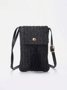 Borsa a spalla mini chic da spiaggia estiva - leggera in poliestere intrecciato con cinturino regolabile, borsa a tracolla piccola e dolce, borsa da spiaggia estiva accattivante, chiusura magnetica e dettaglio a nappina in colori uniti