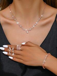 Fashionable, Elegant, Premium Quality Necklace, Earring, Bracelet, Elastic Ring Bridal Jewelry Set, Suitable For Women, Wedding, Birthday, Anniversary Gifts, Evening Dress Accessories - 4 Piece Jewelry Set - View 12