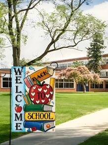 1pc Vivid "Back To School" Garden Flag - Colorful School Theme Design With Book, Pencil, And Apple Patterns, Durable Linen Material, Perfect For School Theme Decoration, Outdoor Courtyard Decoration, Porch, Yard, Backyard Decoration | Festival Flag Design | Waterproof Flag, Outdoor Garden Flag | Back To School Season Decoration, Excluding Flagpoles