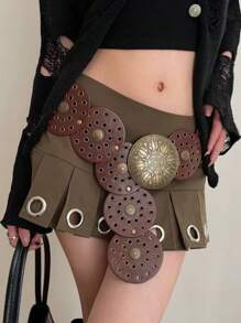 1 pezzo Cintura di stile boho in pelle vintage con decorazioni traforate circolari, da donna, stile western