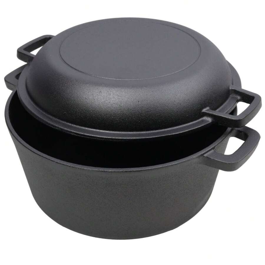 One In One Pre Seasoned Cast Iron Dutch Oven With Dual Handles, Outdoor Camping Deep Pot, With 2 Silicone Handle Covers - Black - View 1
