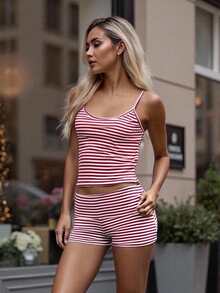 Women Y2k 2 Piece Lace Shorts Set Sleeveless V Neck Cami Top With Shorts Pajamas Sets Sleepwear - 紅色 - 查看 6