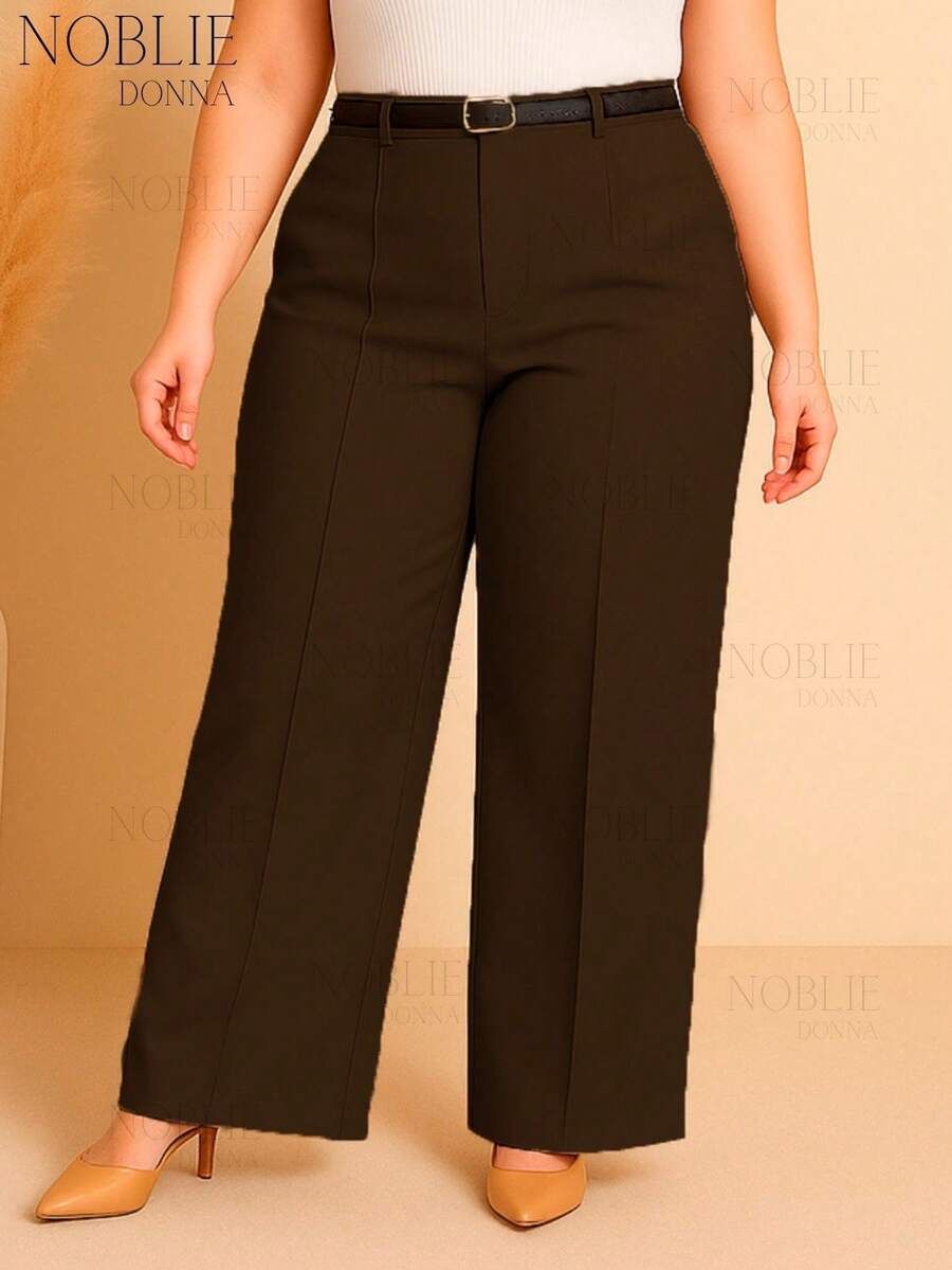 Plus Size Wide Leg Pants Tailored Elegant Casual Zipper Button With Belt - 深棕色 - 查看 1