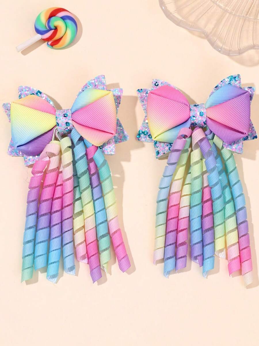 2pcs Colorful Shiny Korker Hair Clips, Suitable For Girls, Ombre Rainbow Color Hair Clips, Multi-Tail Design, Satin Alligator Clips, Shiny Teenage Hair Accessories, Gift For Girls - Multicolor - View 1
