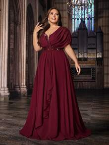 Elegant Plus Size Women Summer Sequin Formal Evening Gowns Spring Bridesmaid Wedding Guest Prom Cocktail Party Maxi Dresses Chiffon Gala Banquet Fall - Burgundy - View 4