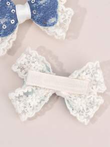 2 piezas Lazos de pelo de encaje y denim para niñas - Lazos de encaje beige con pinzas de cocodrilo, lazos de denim azul con lentejuelas - Elegantes pinzas de lazo para bodas, vacaciones, accesorios de pelo para niños