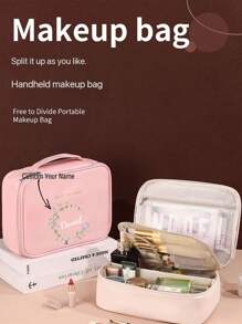 1pc Personalized Floral & Name Design Large Capacity Detachable Makeup Bag, With Free Compartments For Washing & Trimming, Waterproof Portable Organizer Bag With Separate Sections