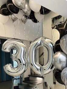 2pcs Large 40inch Silver Digital Aluminum Film Balloons, Big Number 0-9 Balloon, Birthday Party Anniversary Wedding Decorations - Silver - View 1