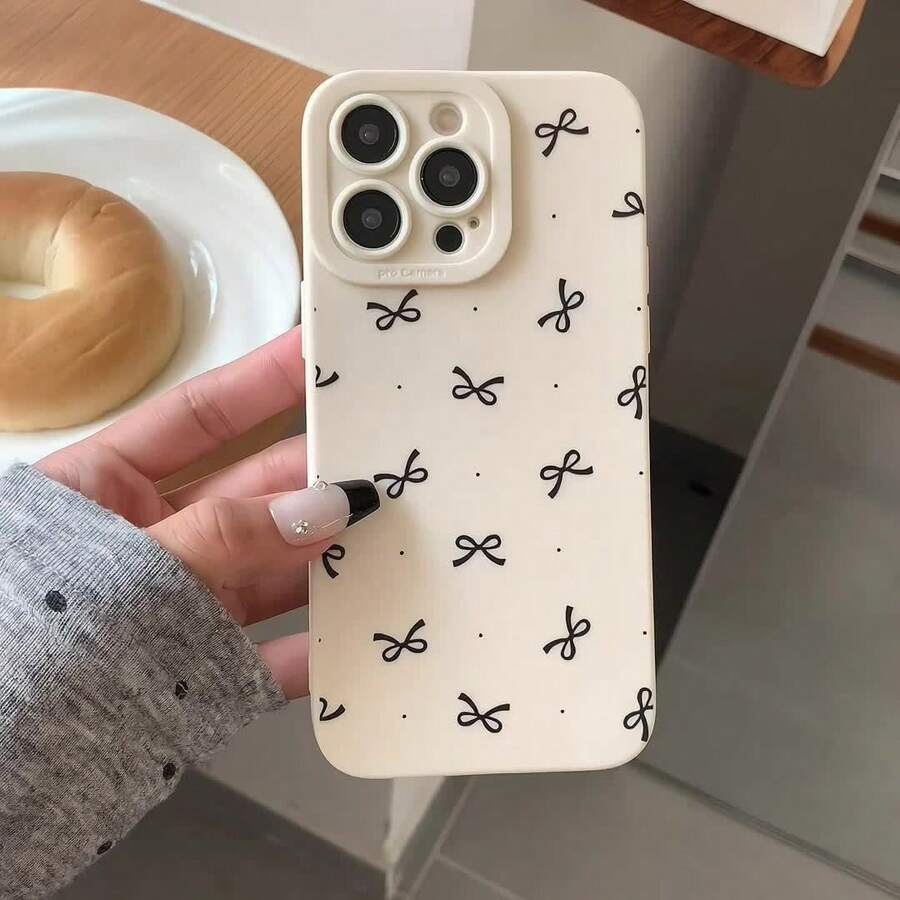 "Classic Bow Phone Case - Timeless Black & White Design For IPhone 16/15/14/13/12/11/X/XS/XSMAX Series | Anti-Scratch & Drop Protection | #MinimalistStyle #SheinFinds#Phone Accessorie" - 古董白 - 查看 1