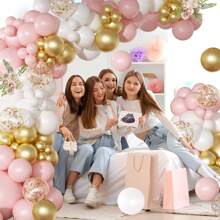 Set de 110 piezas para arco de globos rosa y dorado, que incluye globos de color rosa claro, blanco y confeti dorado, adecuado para baby shower, cumpleaños de niña, boda y despedida de soltera