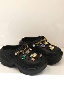 Revreal Black Platform Clogs with Colorful Rhinestone Charms and Chain可愛波西米亞Preppy學院度假時尚Casual休閒Outdoor戶外 - 黑色 - 查看 2