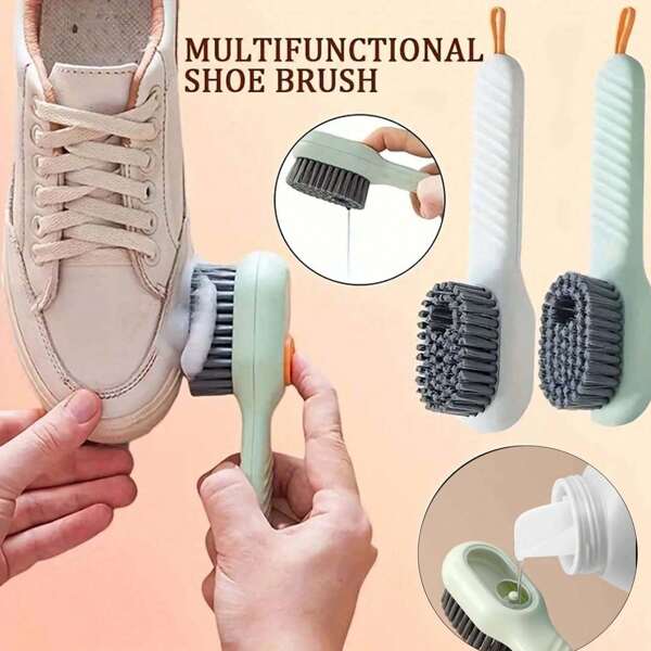 1 Stück Multi-Funktions Schuhbürste mit Flüssigkeitsbehälter - weiche Borsten, langer Griff, Druckreinigung, Haushalts-Schuhpflege, einfach zu benutzen und aufzubewahren - geeignet zum Reinigen verschiedener Schuhtypen, Ausstattung für den Schulanfang