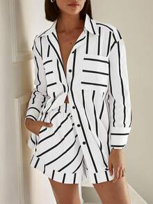 2pcs Women's Striped Long Sleeve Shirt Top And Shorts Set, Long Sleeve Shirt Outfit - 白色 - 查看 3