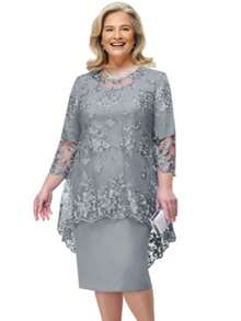 Party Dress Lady Plus Size Godmother Elderly Mothers Grandmother Casual Elegant Gold Silver Wedding Gold Lace Two Pieces Dress + Lace Blouse Overlay Comfortable Luxury Premium Quality - 銀色 - 查看 1