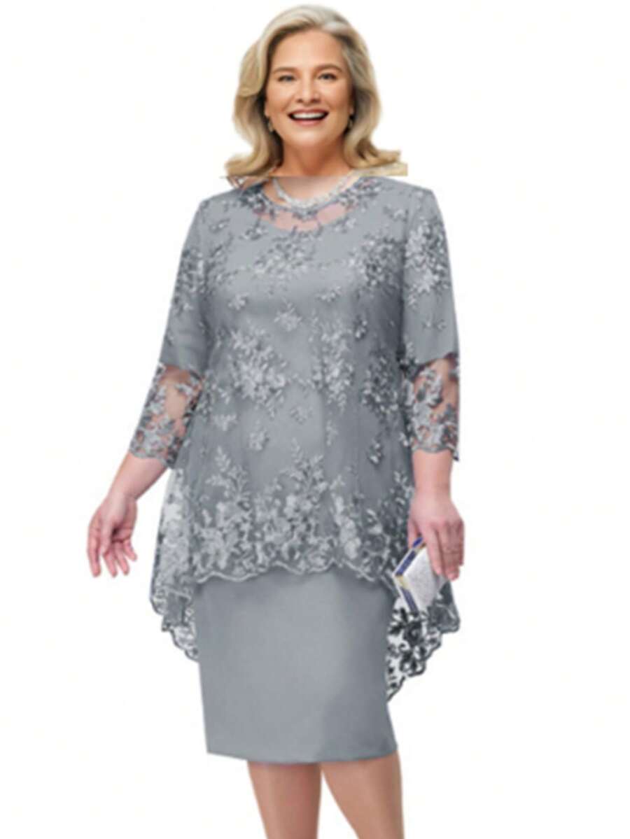 Party Dress Lady Plus Size Godmother Elderly Mothers Grandmother Casual Elegant Gold Silver Wedding Gold Lace Two Pieces Dress + Lace Blouse Overlay Comfortable Luxury Premium Quality - 銀色 - 查看 1