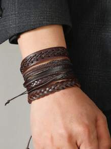 6pcs European & American Style Multi-Layer Leather Braided Bracelet Set, Simple & Fashion Accessory Suitable For Daily Wear, Gift For Friends And Family (Random Color & Design)