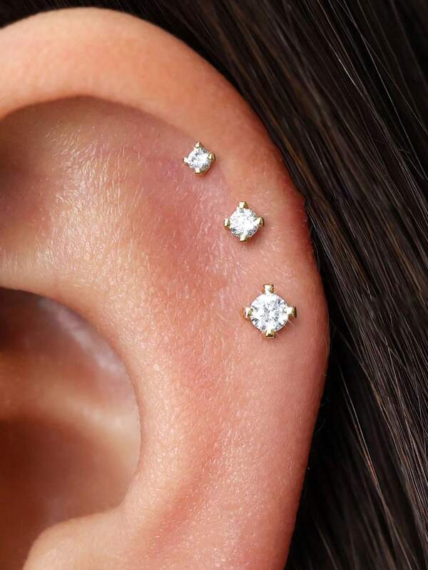 3 对不锈钢微型 CZ 耳钉可堆叠耳环，适合男女，14K 镀金女式简约银色耳钉，适合男孩女孩，3/4/5 毫米套装，可进行多种穿孔首饰