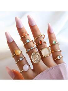 13 pièces/set Bagues avec portraits incrustés de cristaux, bagues jelly de couleur baroque créative pour femmes, convient pour les fêtes, les cadeaux, le port quotidien