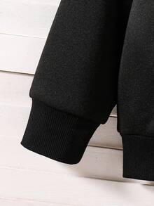 女童蝴蝶结图案印花保暖圆领卫衣和牛仔裤套装 - 黑色 - 查看 3