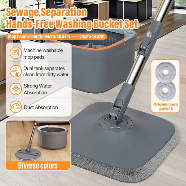 Household Mop And Bucket Set, 360° Spin Mop And Bucket System, Sewage Separation Hands-Free Washing Bucket Set, With 2 Microfiber Replaceable Pads, Self-Stripping Dirt Cleaning Water System, Automatic Twist 360° Rotating Mop Head, Household Rotary Mop, Lazy Mop, Dust Mop, Dry And Wet Use, Perfect For Home, Kitchen, Bathroom, Cleaning Supplies, Cleaning Tools, Wooden Floor, Marble