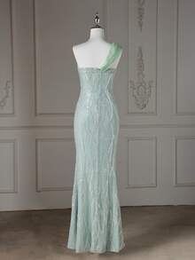 Women's Sequined Dress With Zipper Back And Padded Bra, Full Length - Green - View 9
