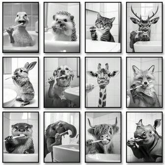 1 pièce / 3 pièces Affiches d'art mural avec cadre optionnel / Affiches d'animaux en noir et blanc drôles pour la salle de bain en style brossage des dents. Impression sur canevas de peinture d'animaux vintage pour décoration murale de la maison