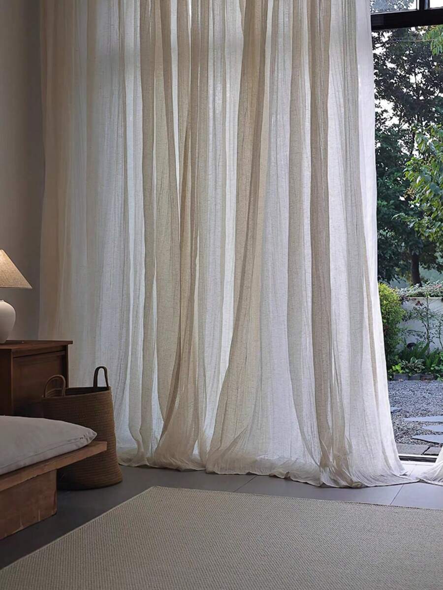 Cirelle 1pc Linen-Style White Sheer Curtain, Japanese/Vintage Style For Living Room Bedroom Cafe, Translucent