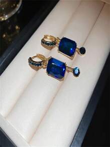 1 Pair Luxury Elegant Blue Square Clip-On Earrings, Niche Design Graceful Earrings