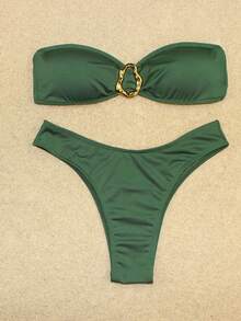 Bikini Set Top With Removable Padded Strapless And Panties Elegant Delta Wing Buckle Fabric Beach Night Vacation Holiday Spring-Summer - 軍綠色 - 查看 2