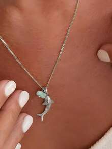 1pc Popular Women Fashionable Beach & Ocean Theme Personality Shark Natural Stone Pendant Necklace, Ideal Gift For Wedding, Engagement Party, Halloween - 銀色 - 查看 11