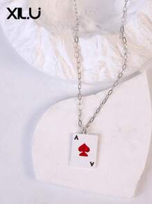 1pc Poker Card & Turquoise Enamel Pendant Necklace For Women, European & American Design