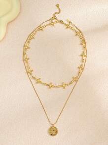 2er Set Halskette mit Edelstahl, goldplattierter Muschel, Niet Herz, Blume, Stern, Kreuz, Kunstperle, handgefertigt, für Damen geeignet für Alltag, Strand, Party, Urlaub, als Geschenk für Freunde
