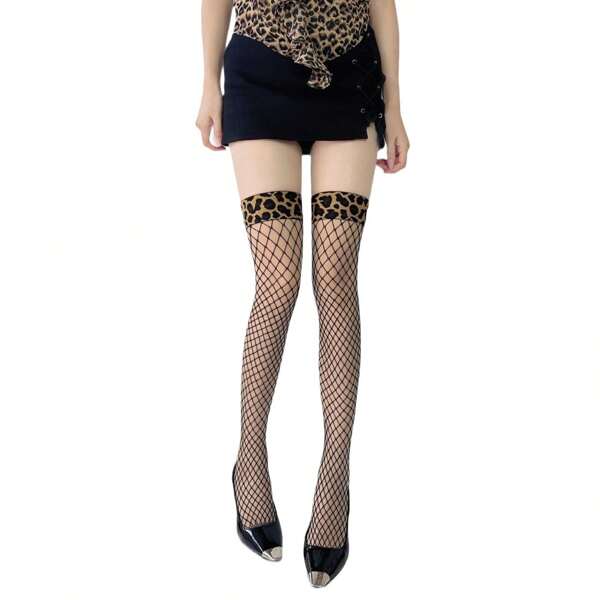 1pc/Sexy Leopard Print Silk Stockings Splicing Sexy Black Silk Black Silk Stockings New Long Tube Over Knee Thigh Super Thin Black Hot Girl Stockings Sexy Base Socks, Sexy Underwear Hollow Ultra-Thin Mesh Knee Socks, Popular Nightclub Royal Sisters, Black Silk Fishing Nets, Suspenders, Sexy Jacquard Silk Stockings Sexy Underwear Sexy Lingerie