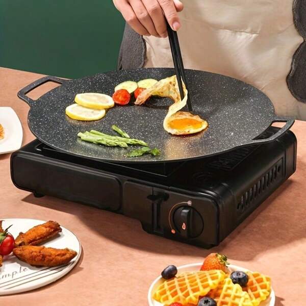 1 Stück schwarze runde gusseiserne Bratpfanne, tragbarer Outdoor-Camping Barbecue-Wok, Herd, Gas, Induktion, koreanischer Stil, antihaftbeschichtet, schnelle Wärmeübertragung, ohne Stromanschluss
