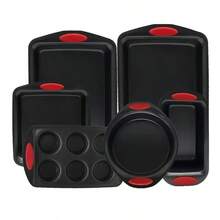 CHEF LANG Non-Stick 6-Piece Baking Tray Set, Carbon Steel Baking Tray Set, Silicone Handles, Stackable Kitchen Oven Set, Cookie Tray, Baking Tray, Baking Tray Set, Oven Safe - Red - View 1